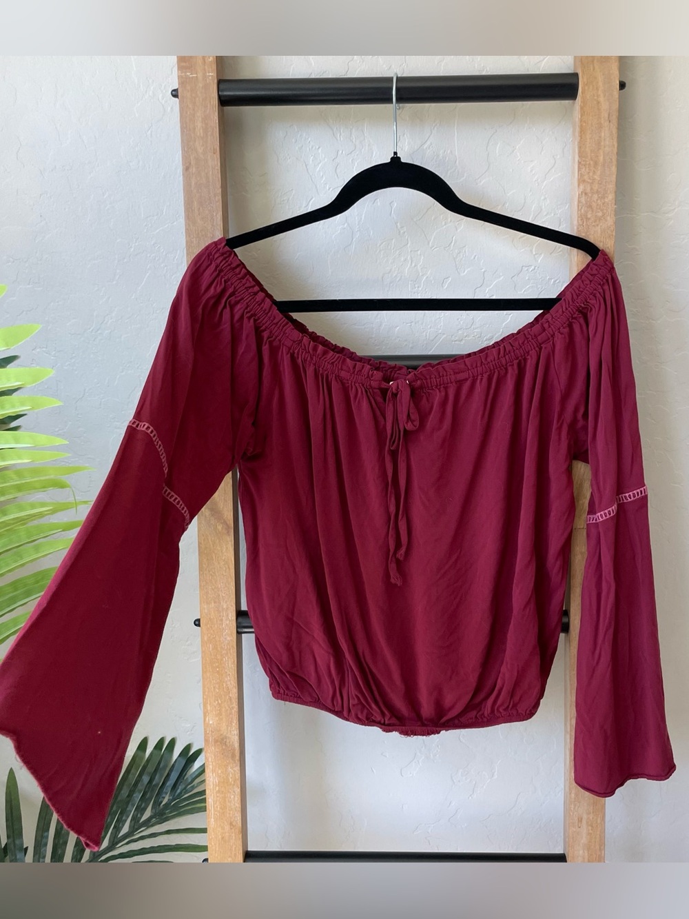 Mind Code Wine Off-Shoulder Peasant Blouse